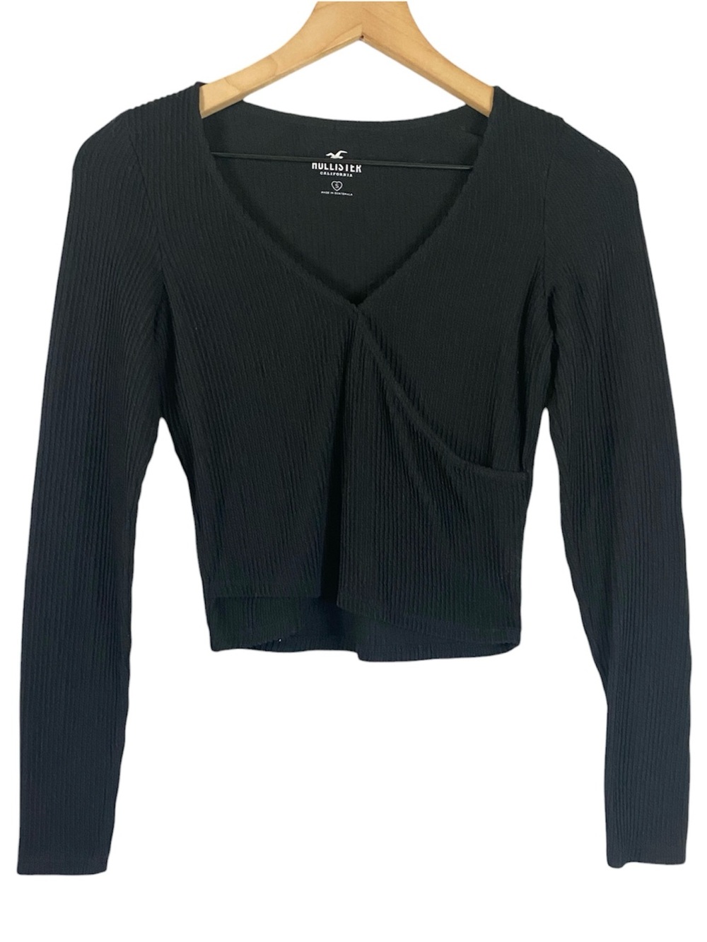 Women’s Hollister Black Ribbed Long Sleeve V-Neck Wrap Knit Top Size Small